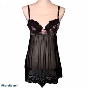 Adore Me Black & Pink Roses Lingerie Nightie Size 32B Sheer Lace Sexy Valentine